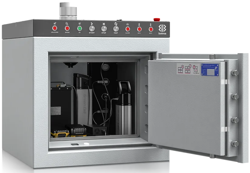 batrea 1, Lagerschrank für Lithium-Ionen-Batterien mit einer Lagerebene, geöffnet