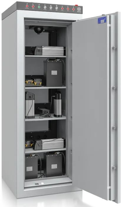 batrea 3, Lagerschrank für Lithium-Ionen-Batterien mit fünf Lagerebenen, geöffnet